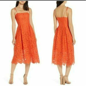 Charles Henry Tie Strap Lace Midi Dress